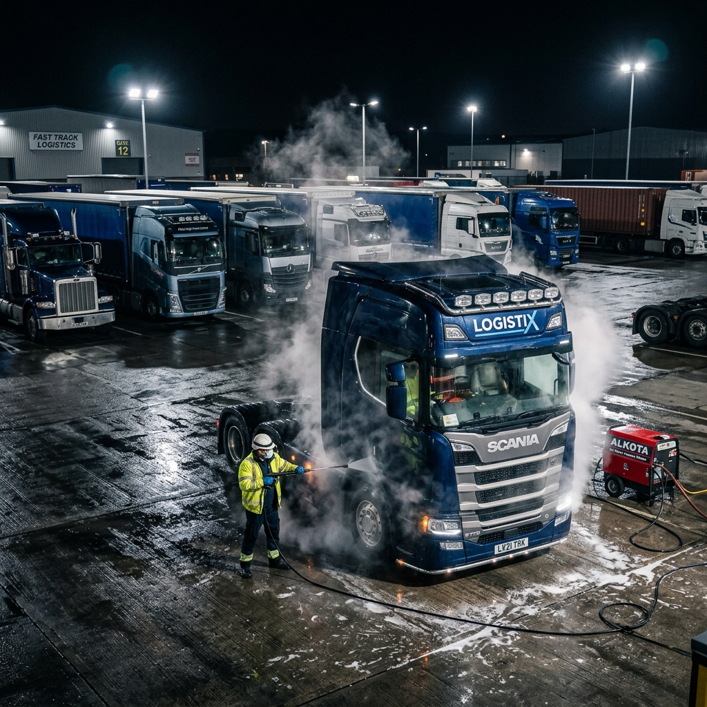Complete Alkota mobile cleaning system deployed at fleet depot